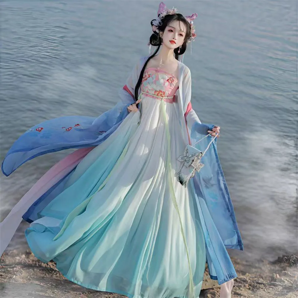 open lace back dress Chinese Hanfu Sequin Mesh Bubble Sleeve Princess Dress