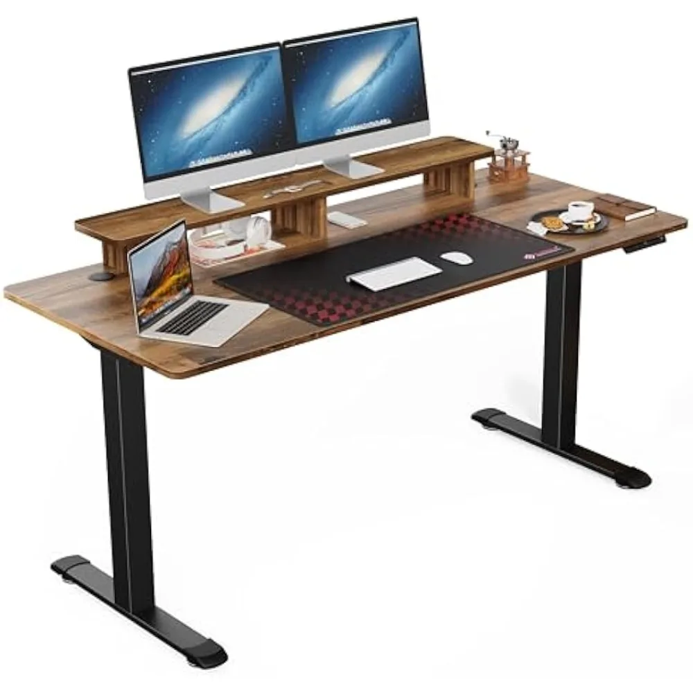 

Electric Standing Desk,63 Inch Height Adjustable Desk with Dual Motor,Computer Desk with LED Lights & Double Shelves,