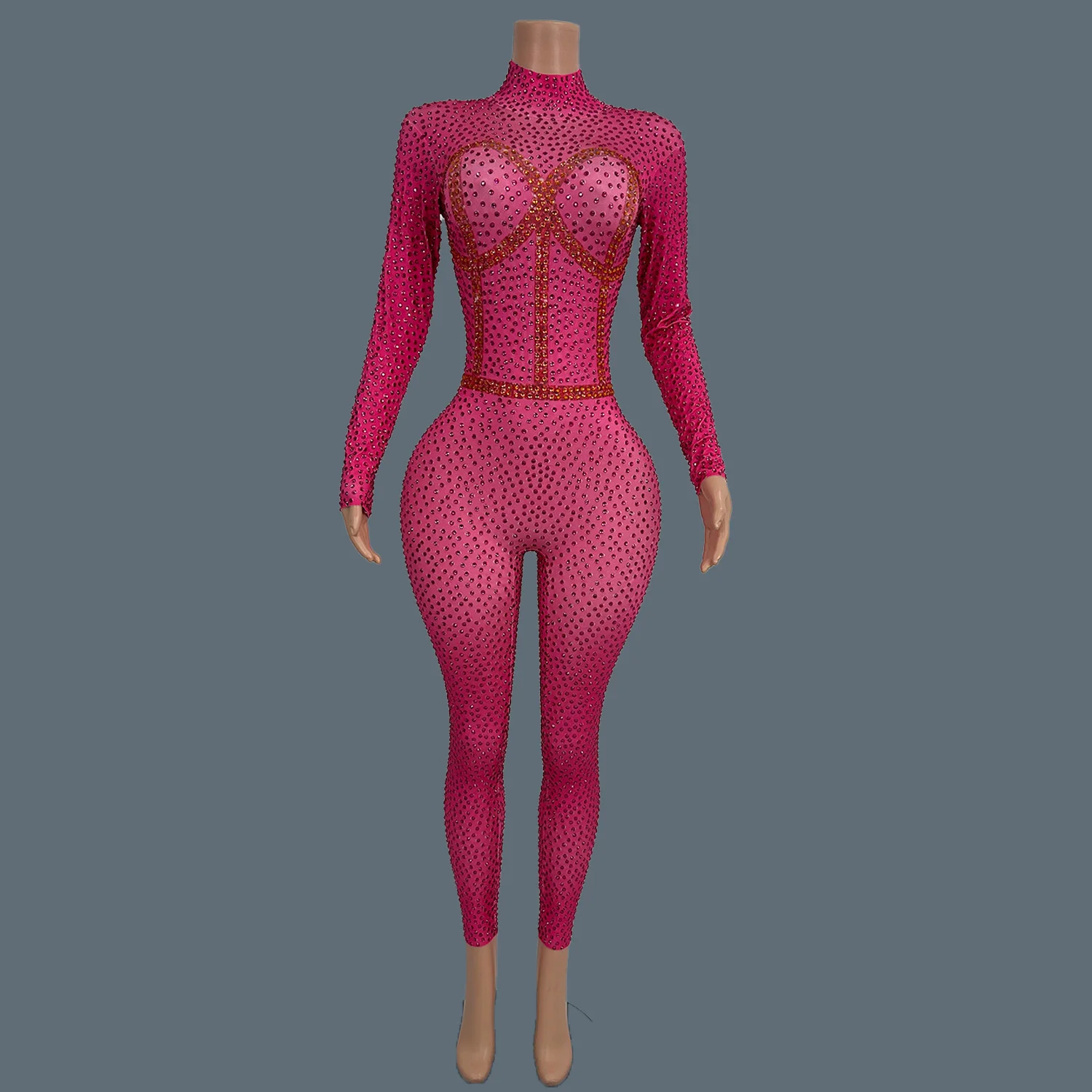 Sparkly Rhinestone Barbie Pink Skinny Jumpsuit Women Club Singer Stage Outfit Birthday Party Black Girls Sexy Jumpsuit Fenyekong