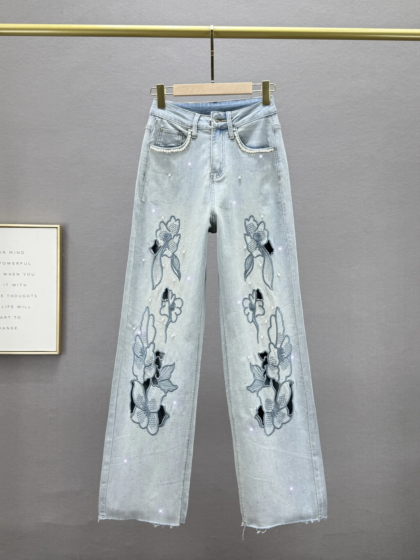 

Рваные джинсы с высокой талией и прямым кроем для женщин, эластичные, длинные, с алмазной отделкой, весна-осень, новые, повседневные, из хлопкового стрейч-денима