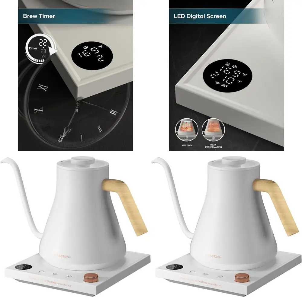 

1°F Precision Temp Gooseneck Kettle, Stainless Steel, 0.9L, Quick Boil, Ideal for Coffee & Tea Brewing, White