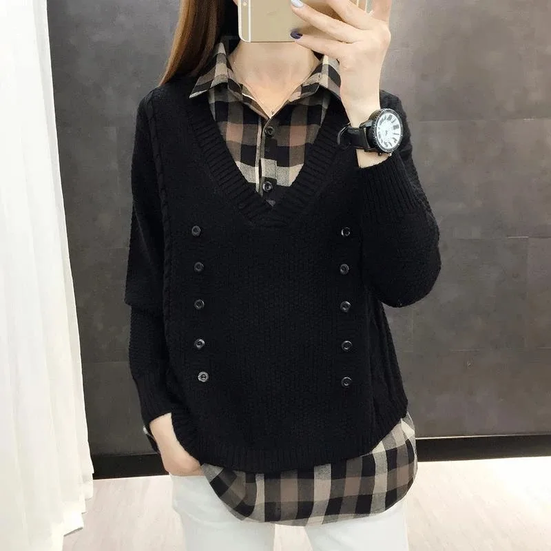 Spring Autumn Style Fake Two-piece Knitted Sweater Pullover Lady Casual Turn-down Collar Long Sleeve Knitted Pullover ZZ0999