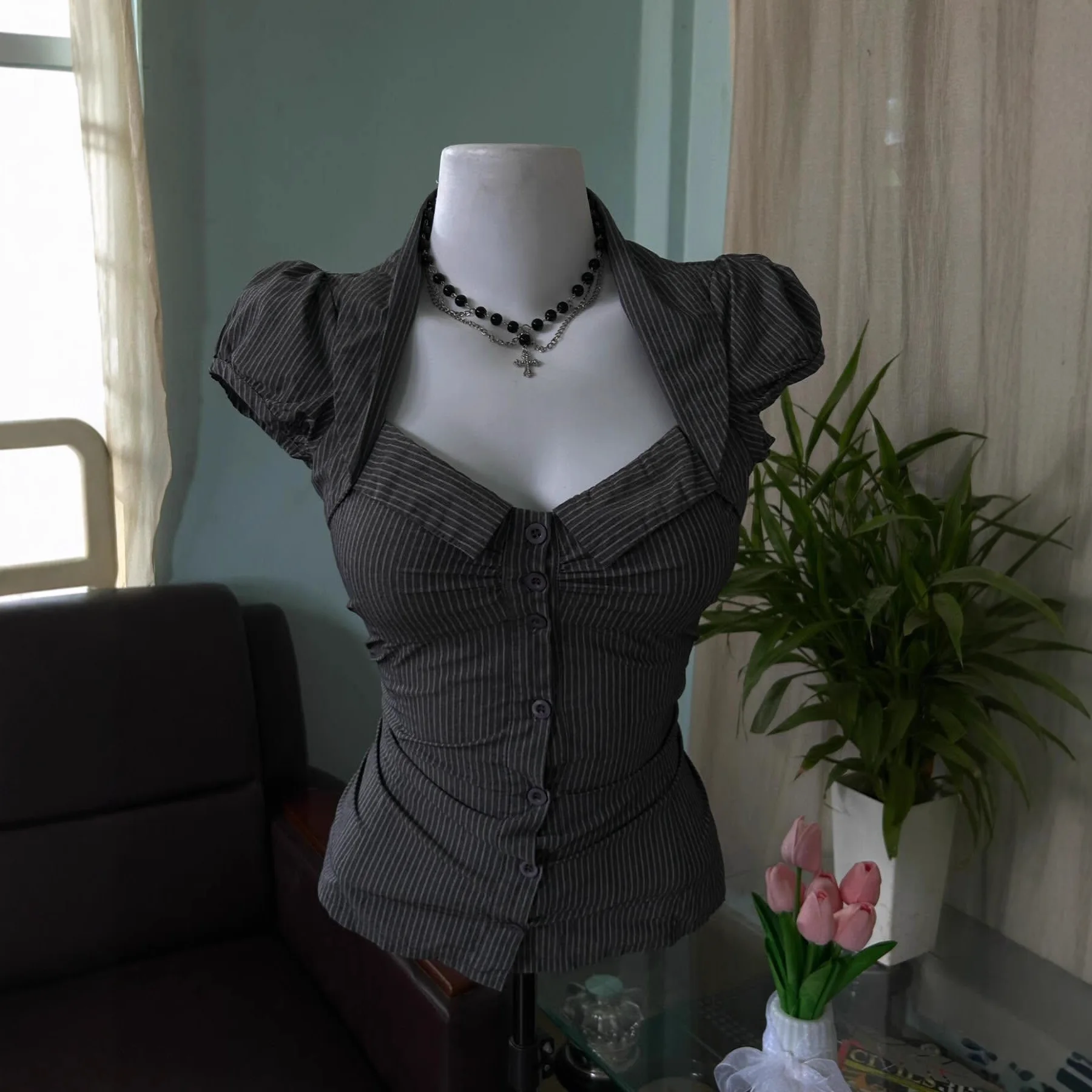 

Французская винтажная полосатая блузка с коротким рукавом для девушек, летняя приталенная рубашка с квадратным вырезом в стиле Y2K, топ для дерзких девушек