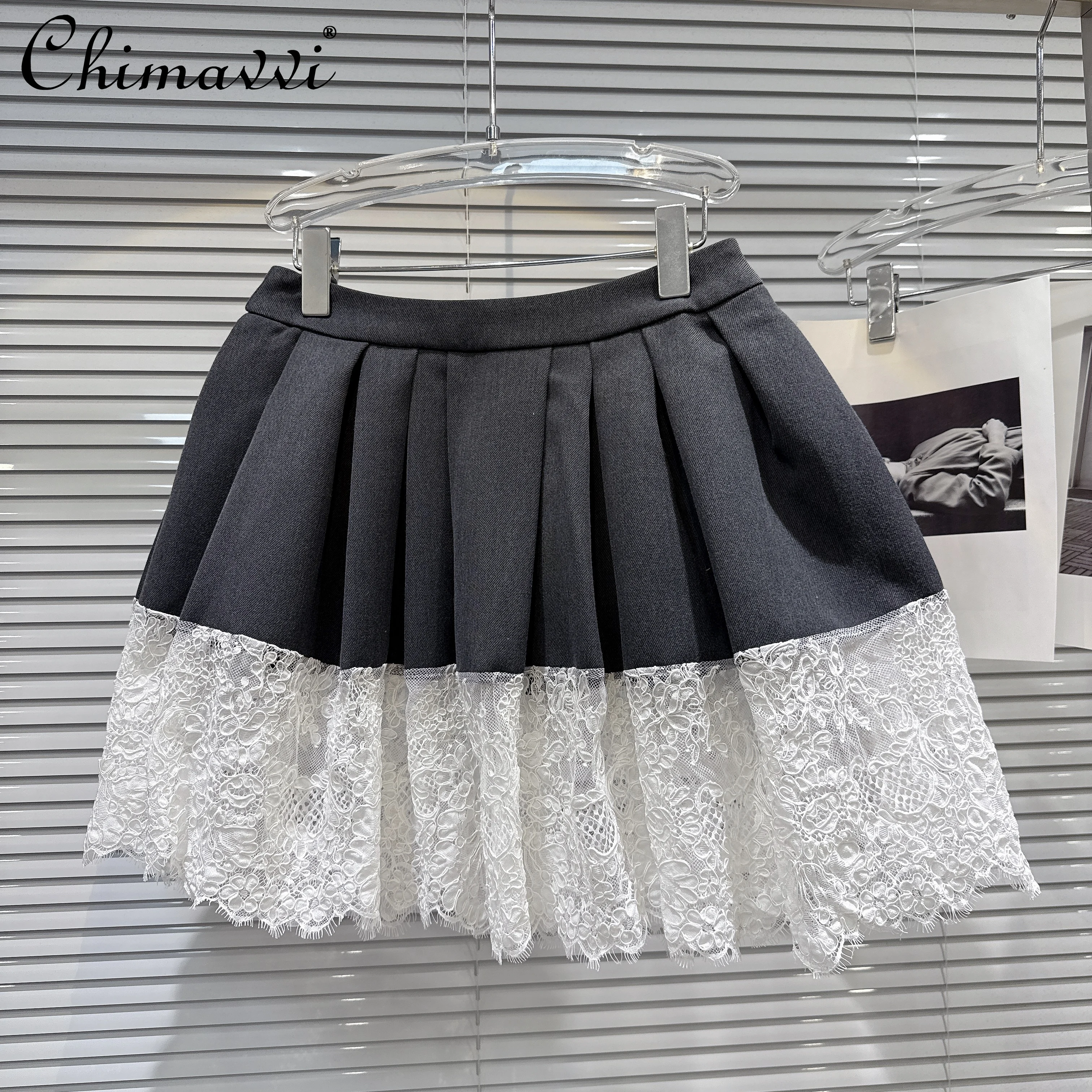 

French Elegant Socialite Lace Embroidery Patchwork Gray Short Skirt High Waist A-line Sweet Puffy Pleated Skirt for Women Autumn