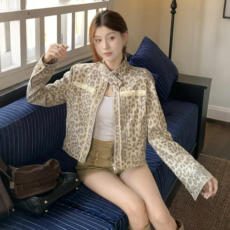 Streetwear Leopard Jacket Women Autumn Vintage Long Sleeve Hottie Coats Female Y2K High Street Slim Fit Zipper Outwear Tops New