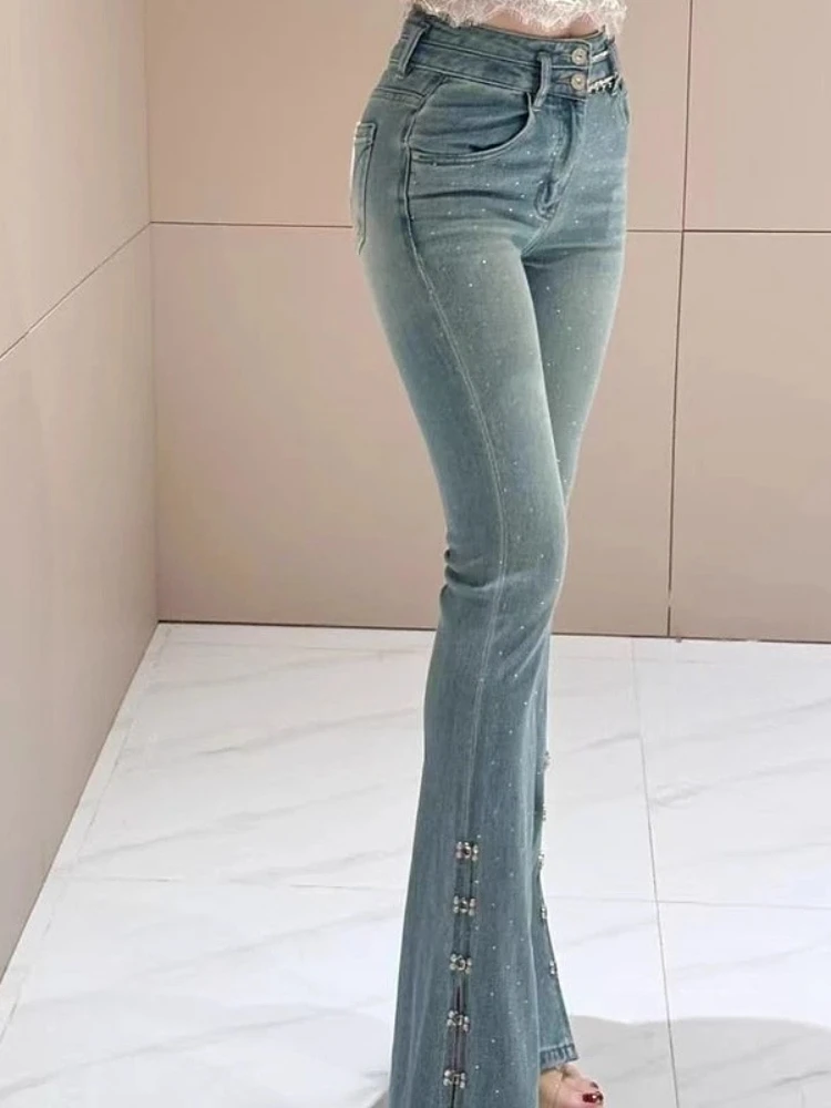 Mode Split Denim Broek 2025, Herfst Winter Nieuwe Hoge Taille Vrouwen Broek Slanke Zware Hot Diamond Elegante Flare Jeans dames