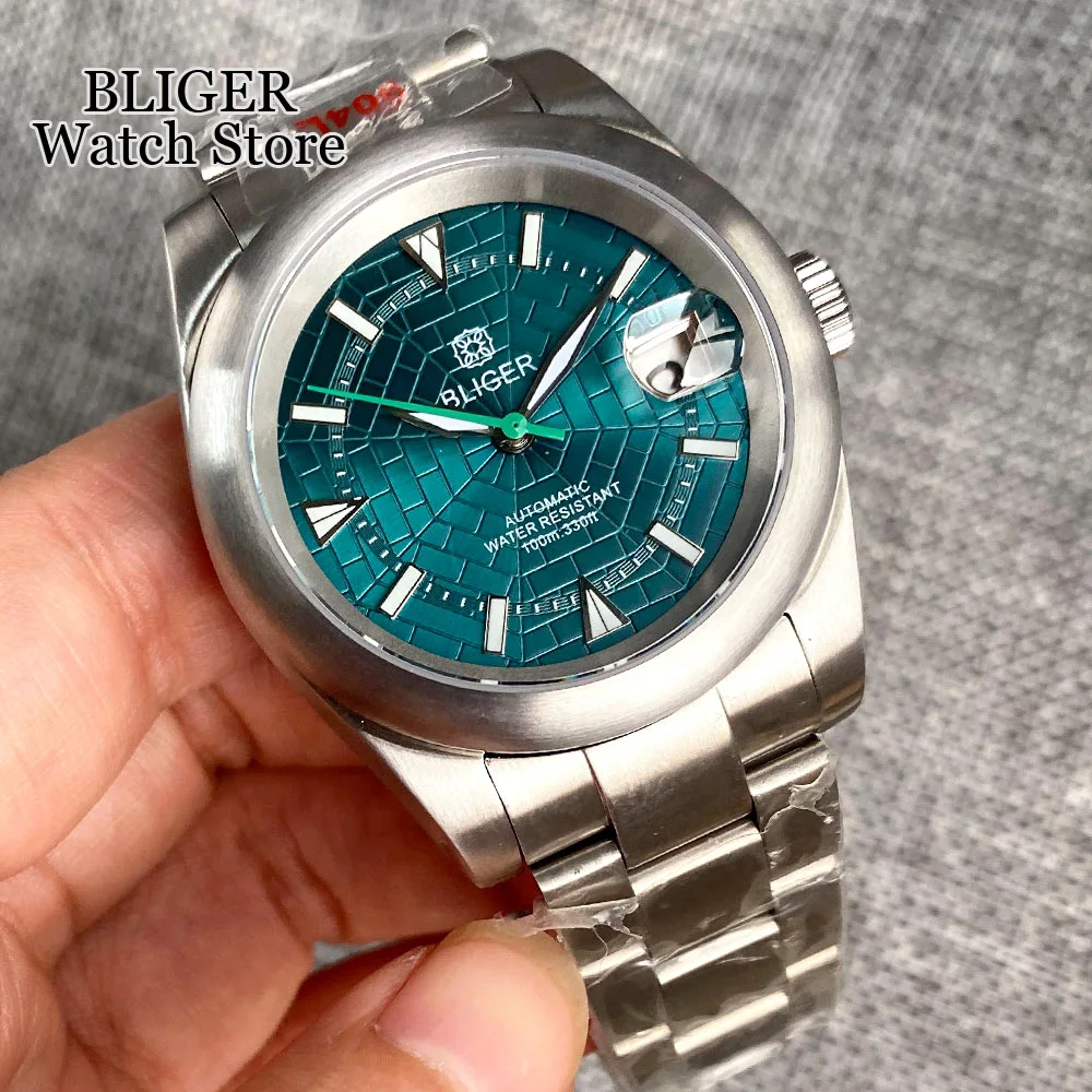 BLIGER 36mm/39mm NH35A Automatic Men\'s Watch Blue Webbed Dial Green Luminous Brushed Bezel Steel Bracelet Date