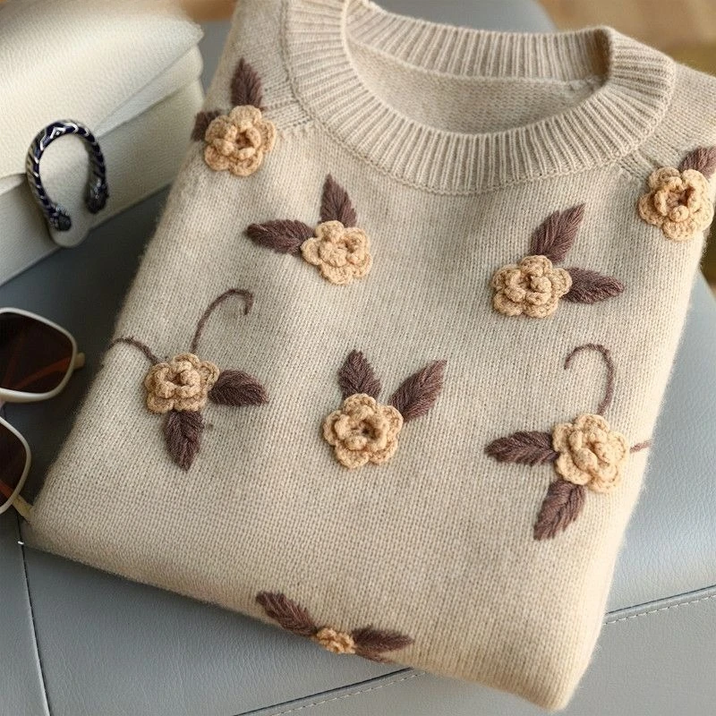 

3D Floral Pullovers for Women O-neck Long Sleeve Jumper Pull Femme Fashion Vintage Sueter Knitted Fashion Sweater Jackets B715