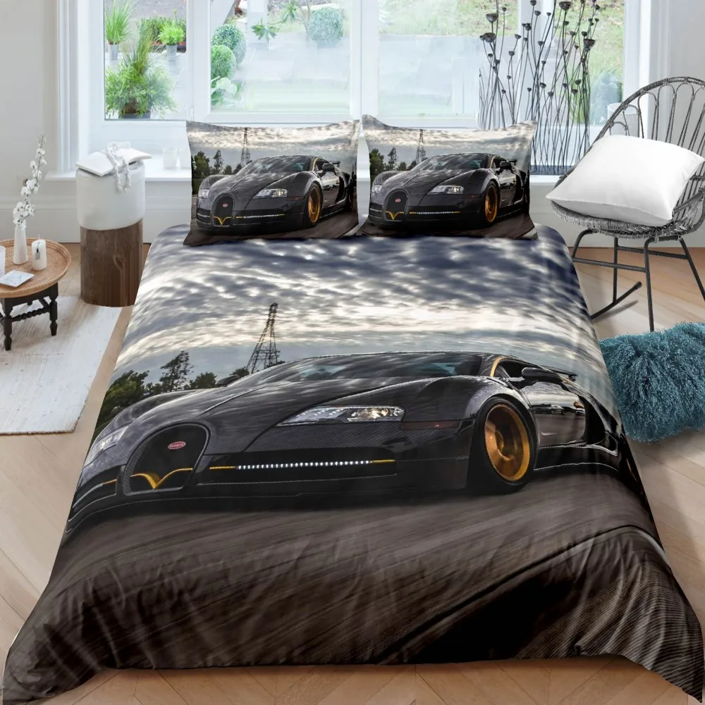 

Luxurious Sports Car Bedding Set Black White Racing Bike Bed Linen Polyester Duvet Cover with Pillowcase for Teens Adults Decor