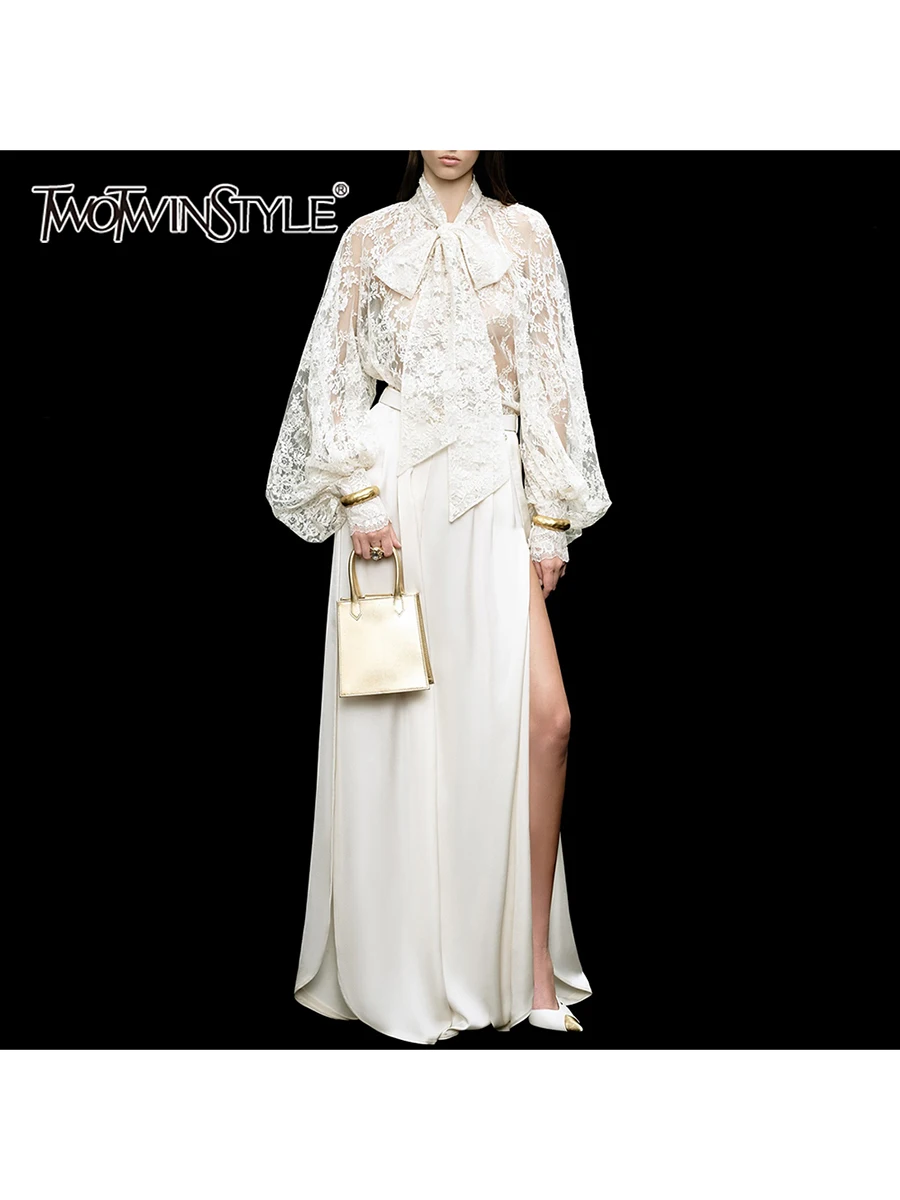 

TWOTWINSTYLE Sheer Two Piece Set for Women Scarf Collar Lantern Sleeve Top High Waist Split Long Skirt Sexy Evening Suit Female