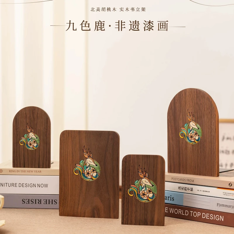 ✨-premium-solid-walnut-bookends-oriental-hand-painted-deer-art-book-stopper-elegant-study-room-decor-gift-for-book-lovers
