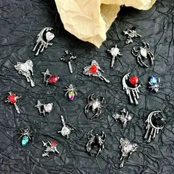 10PCS Metal Alloy Heart Moon Nail Art Charm Halloween Retro Set Shinny Diamond Grimace Skull Spider Decorative Accessories