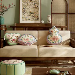 Cucurbit Pillowcase for Sofa and Chair, New Chinese Style Asian Vintage Gourd, Scenic Decorations, Chinoiserie Flower, Bird Home