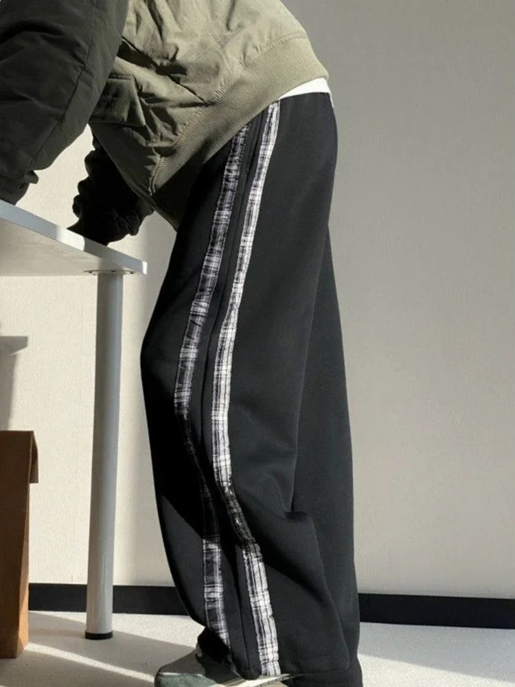 Splicing Plaid Men's Sweatpants Loose Sport Elegant Autumn Winter Trousers High Quality Retro Casual Korean Male Sports Pants