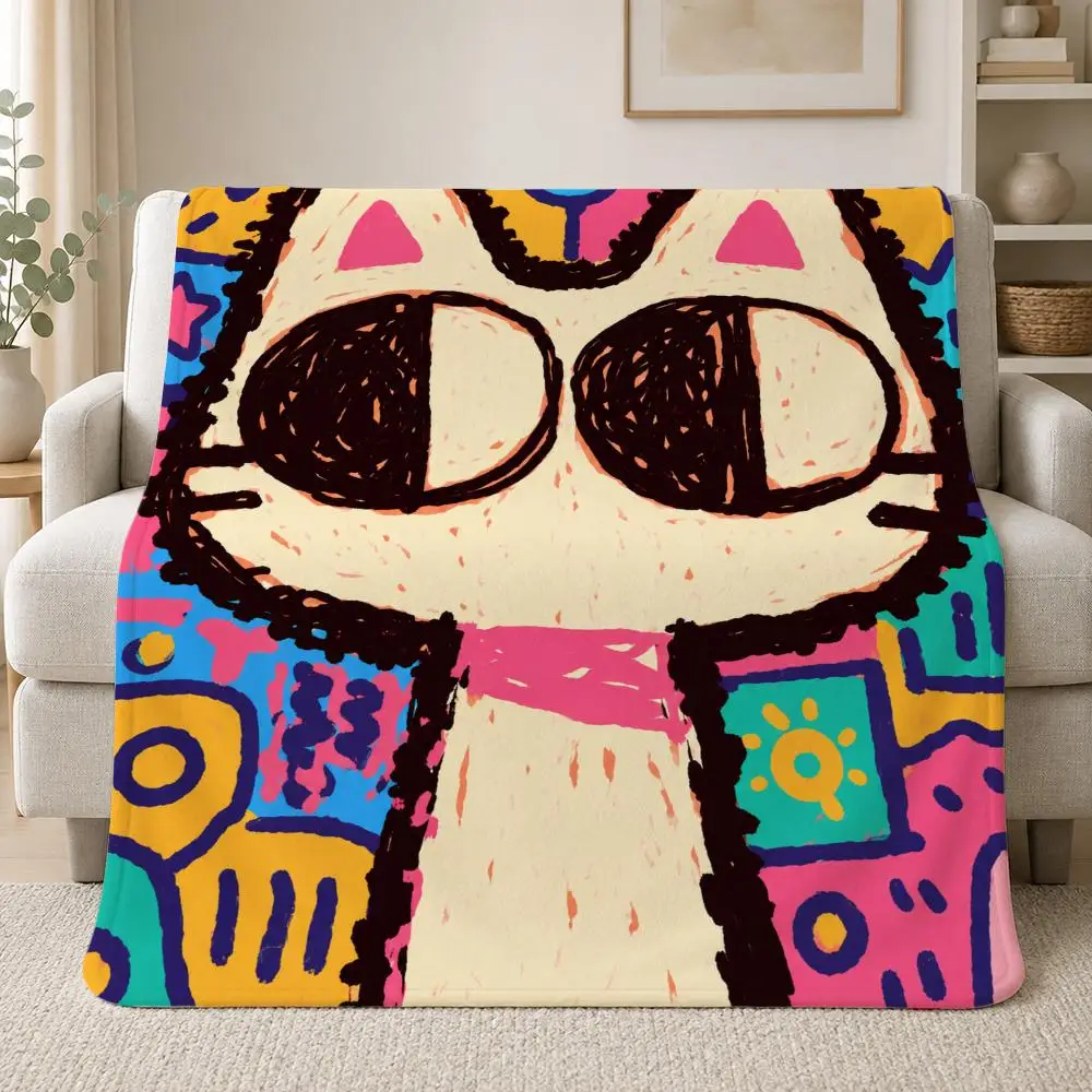 Feline Illustration Doodle Hand Drawn Cool Cat Pop Art Throw Soft Plush Flannel Throw Blanket Sofa Bed Travel Home Decor