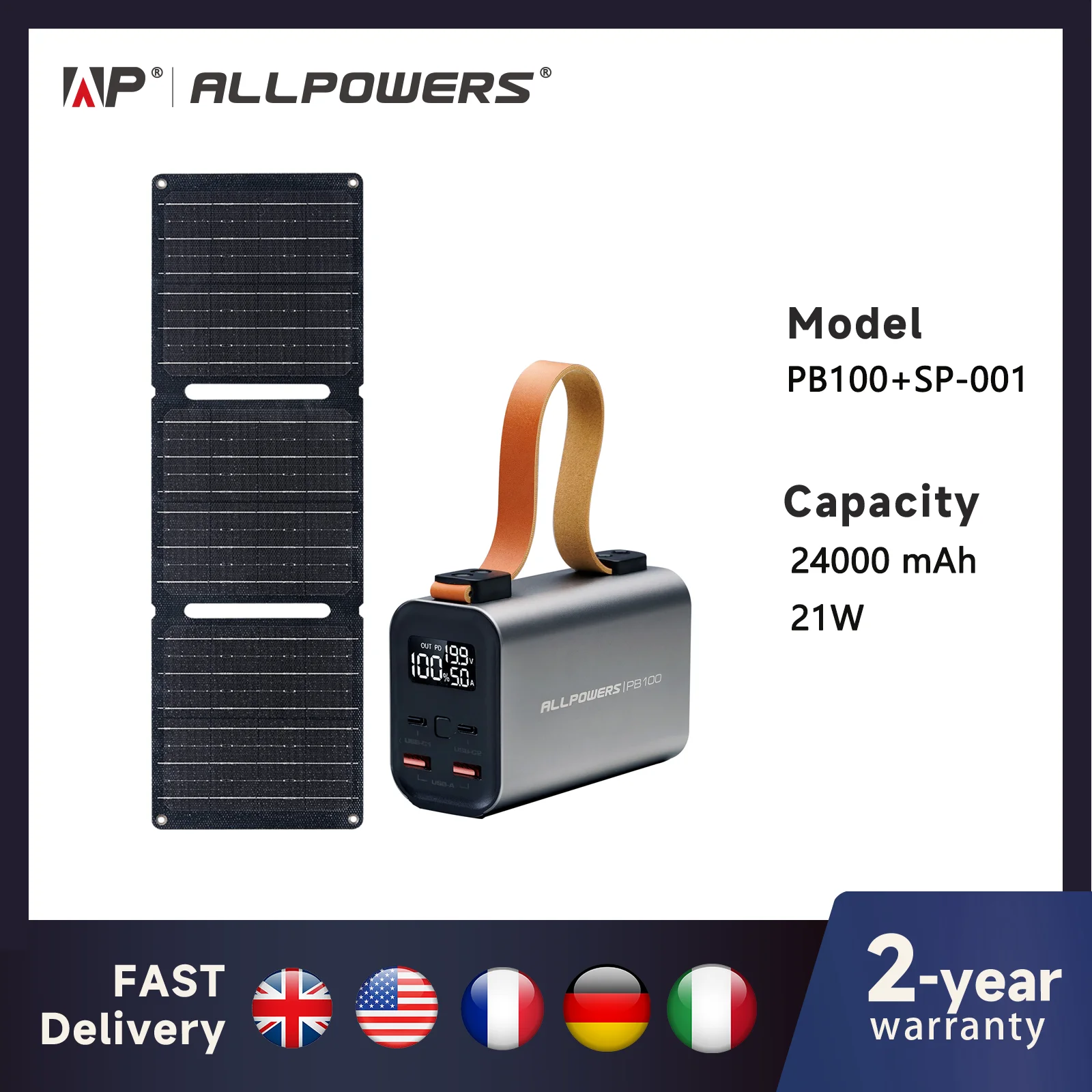 ALLPOWERS Power Bank PB 100W Fast Charging Powerbank with 21W Solar Panel Portable Battery Charger For Laptop Phone Camping