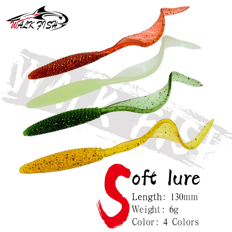 WALK FISH 5PCS Soft Bait 13cm 6g Long Tail Fishing Lure Screw Thread Single Sickle Tails Worm Grub For Bass Artificial Lures