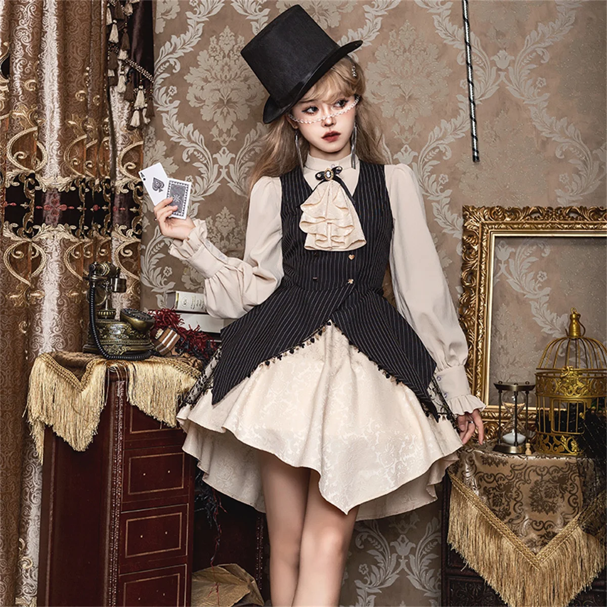 

French Romanticism Lolita Elegant Girls OP Cosplay Magician's Striped Dress Metal Playing Cards Buttons Ribbons Bows Laces Dress