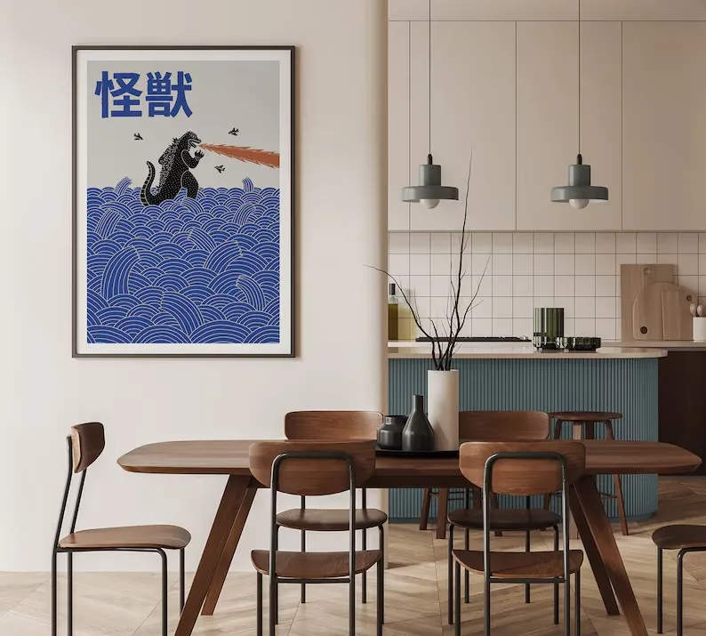 Japanese Contemporary Tokyo Artworks Poster Big Sunrise Waves Mount Fuji Monster Canvas Painting Wall Art Living Room Home Decor