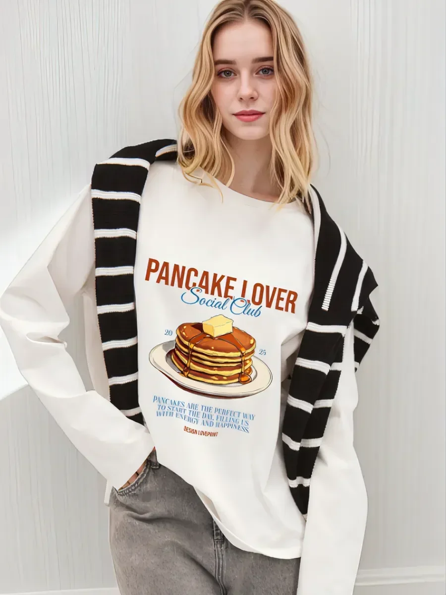 Women's Long Sleeve Spring Autumn Cotton Vintage Stacked Pancake With Butter Syrup Art Print T Shirt O Neck Loose Fashion Top