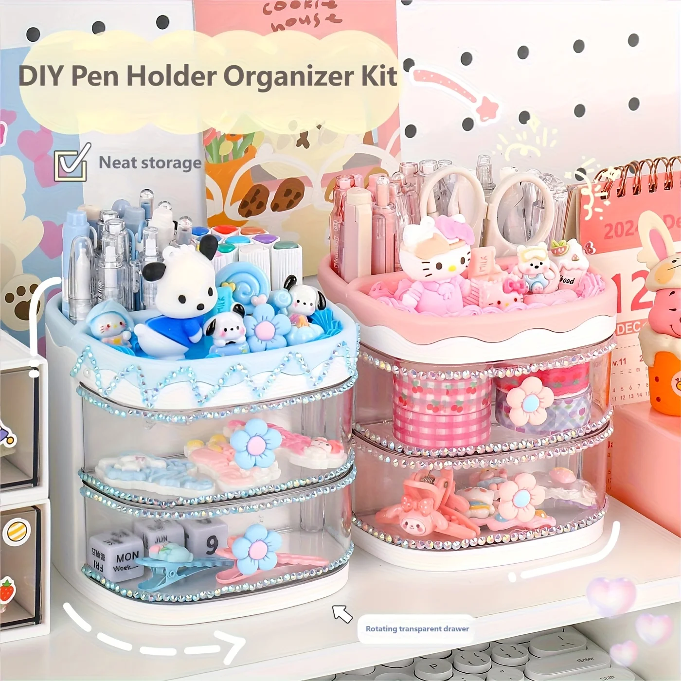 1 Sanrio Pastel Character Storage Box- Large Capacity Desktop Organizer, Lightweight Stationery Makeup Brush Holder