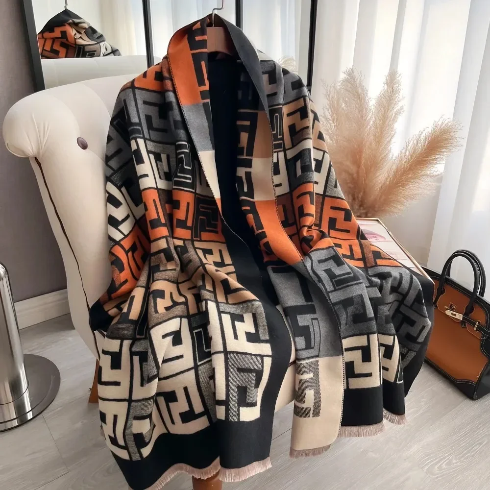 Female Imitation Cashmere Scarf Thickened Version Autumn Winter Double Sided Letter Tassel Shawl Coldproof Windproof Blanket