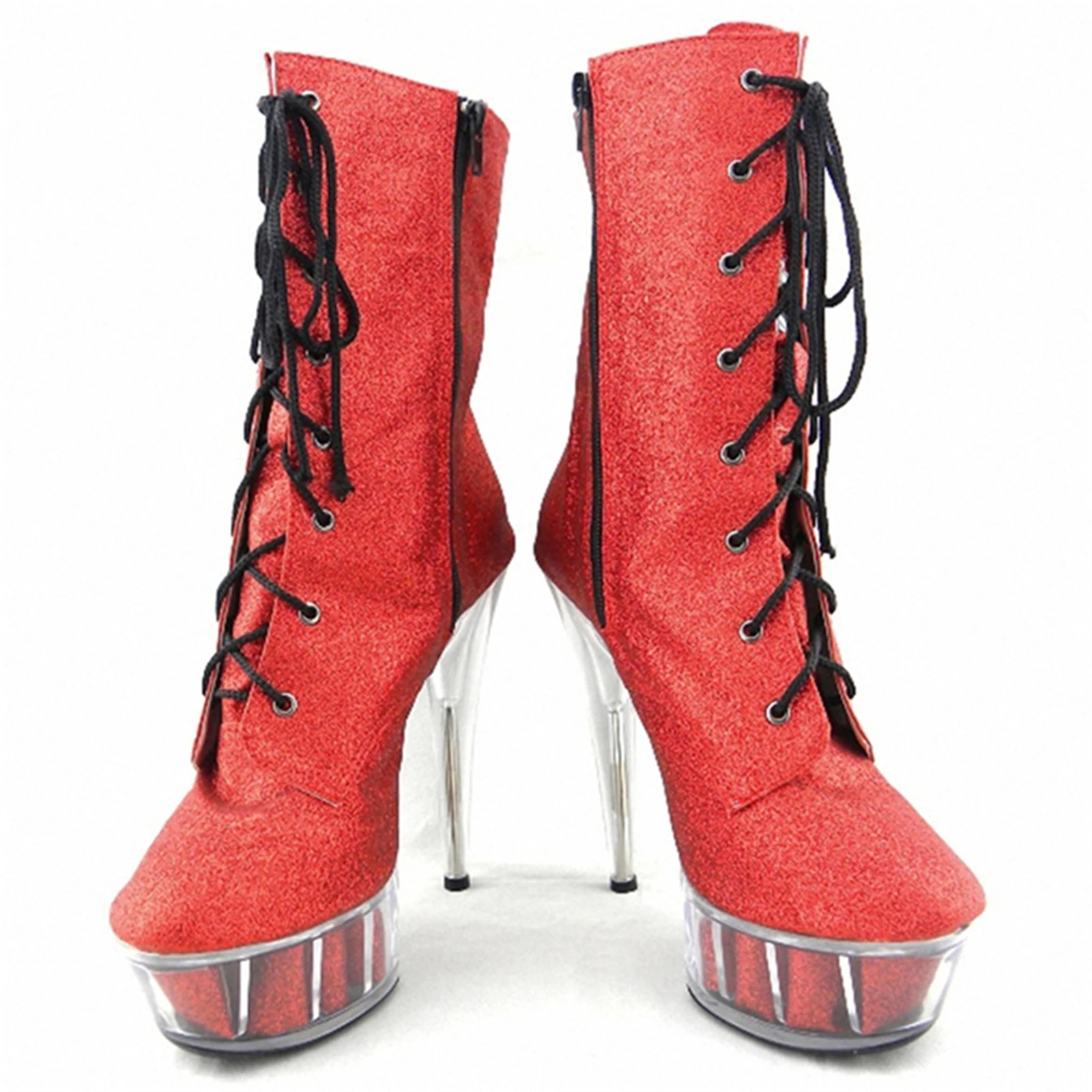 

15CM Clear Platform Heels Red Glitter Boots Women Sparkly Material Diagonal Lacing Design Side Zipper Nightclub Shoes