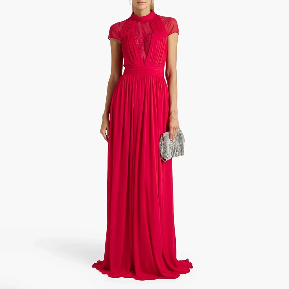 

Red Evening Dress Customized High Neck Short Sleeves Simple Evening Gowns for Women 2025 Pleated A Line Formal Party Dresses