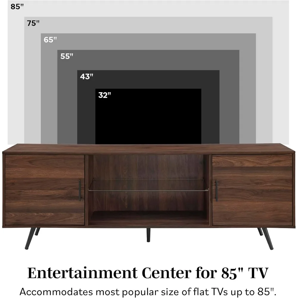 Suporte de TV Saxon Mid Century moderno com prateleira de vidro de 2 portas para TVs de até 80 polegadas, 70 polegadas, nogueira escura