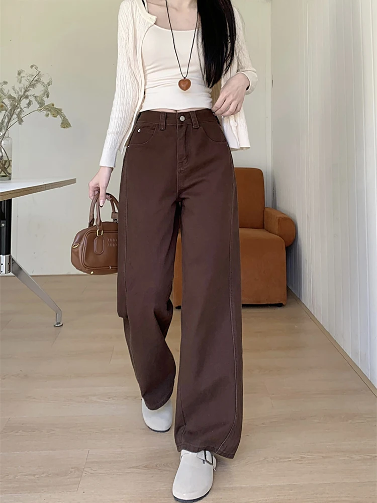 High Waist Wide Leg Jeans Women's Spring Design Sense Curved Blade Harrow Pants Coffee Color Denim High Waist Long Pants