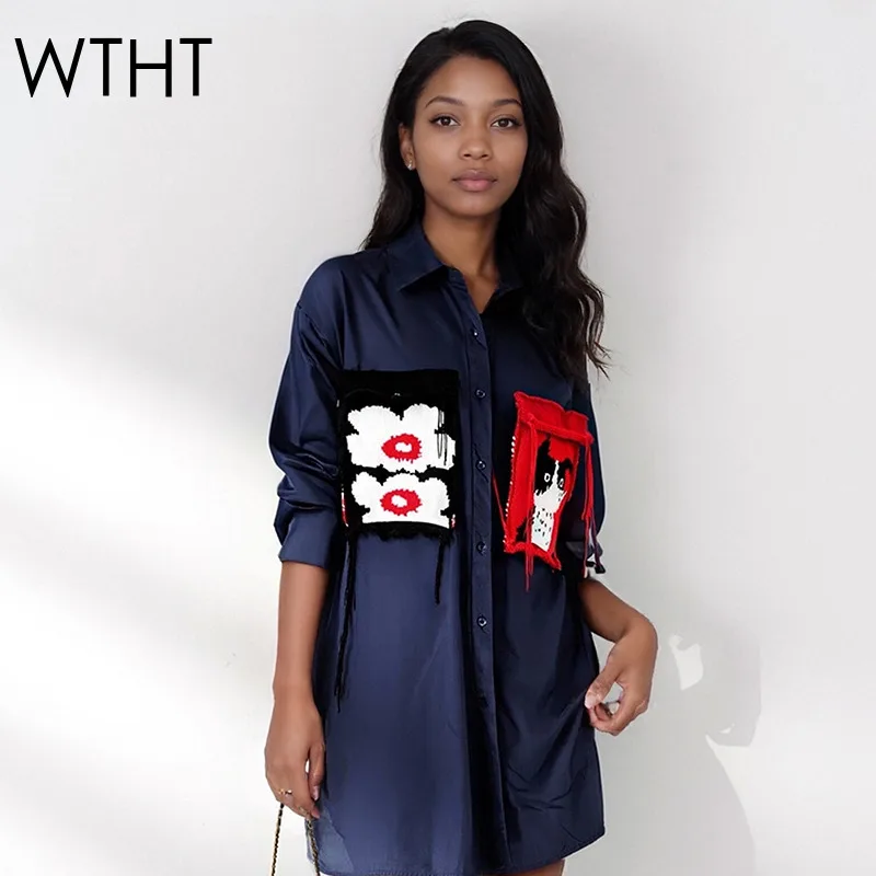 

WTHT Trendy New Women Spliced Cartoon Print Big Pockets Tassel Shirt 2025 Autumn Fashion Lapel Long Sleeve Blouse Female 1LS2675