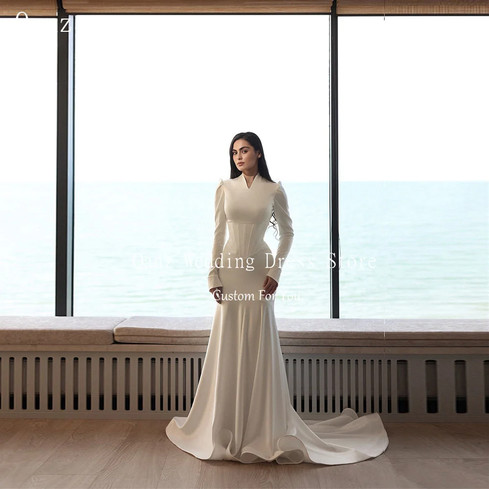 

Qanz White Mermaid Wedding Dresses Long Sleeves High Neck Bridal Dress Sweep Train Simple Wedding Prom Gowns Women Customized