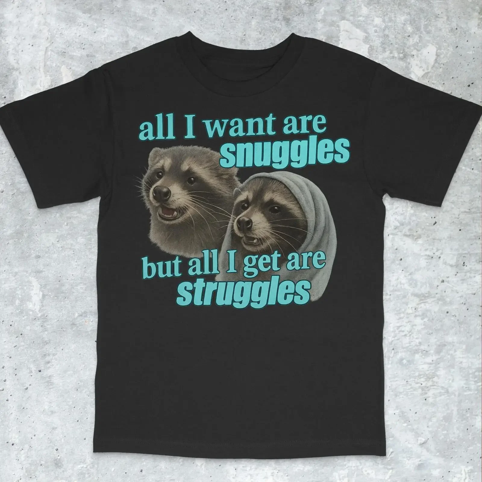 All I Want Are Snuggles But Get Struggles Funny Raccoon Meme Ironic Cursed T Shirt vintage Washed graphic fashion Slightly
