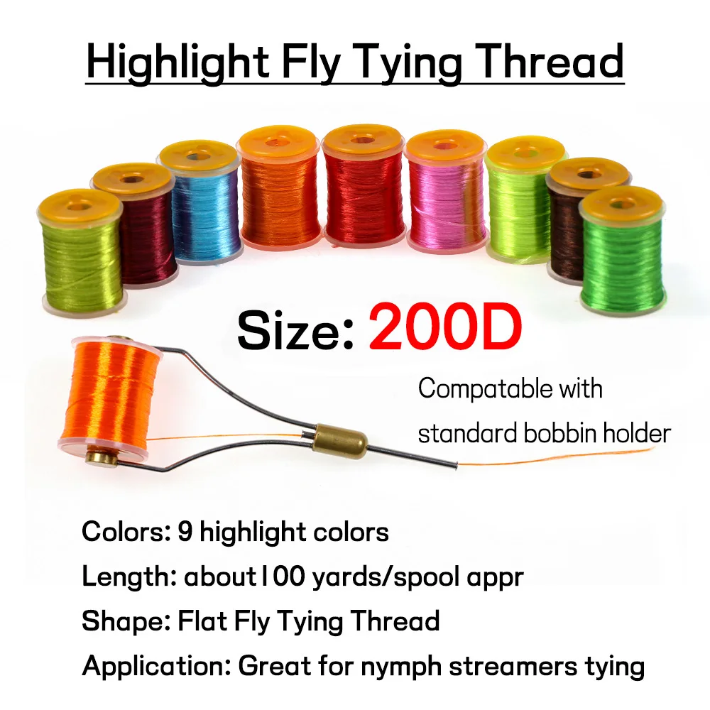 Bimoo 100Yards 200D High Light Fly Tying Thread Salmon Bass Fly Pattern Tying Material Fluorescent Floss Yarn 9 Colors