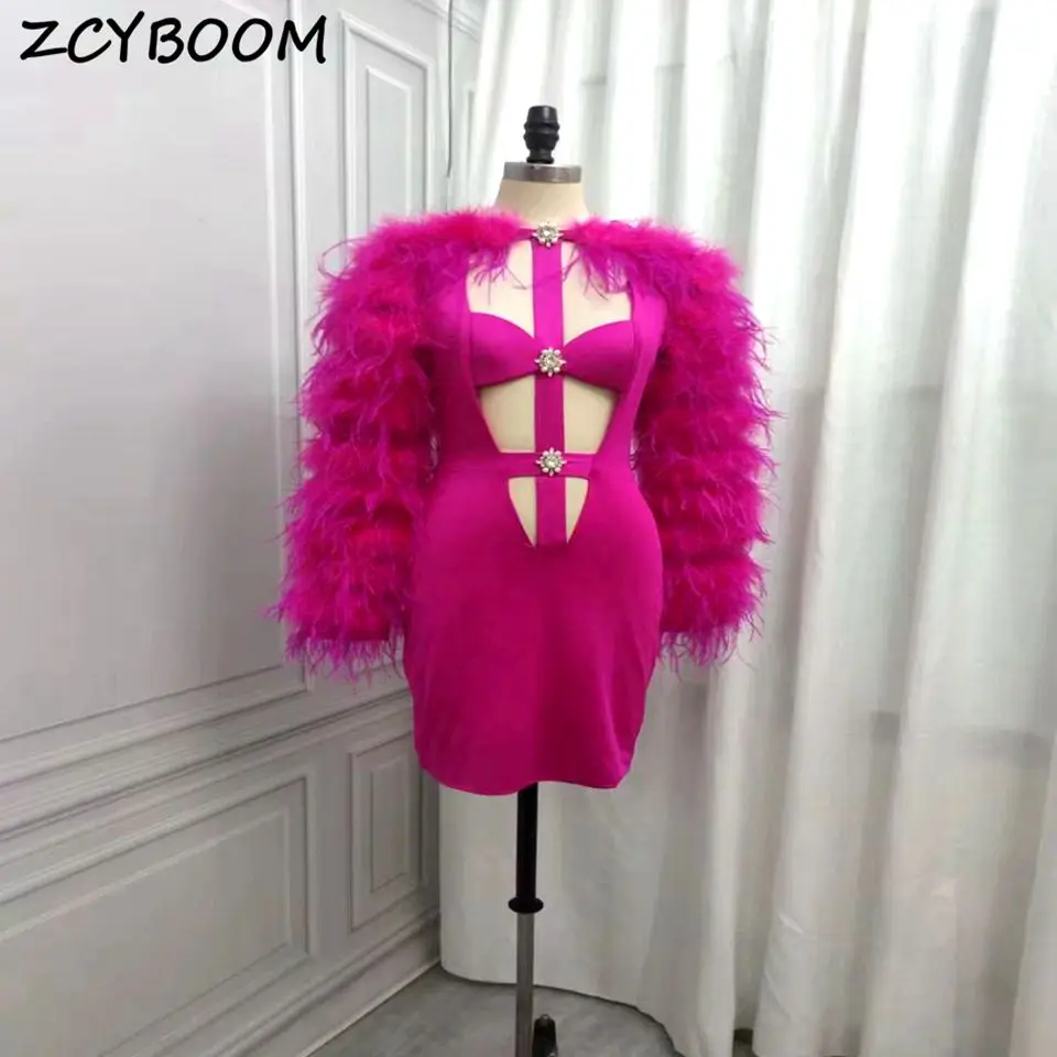 Customized Haute Couture Elegant Rose Pink Feathers Rhinestone Evening Party Dresses Hollow Buttons Satin Bridal Gowns For Women