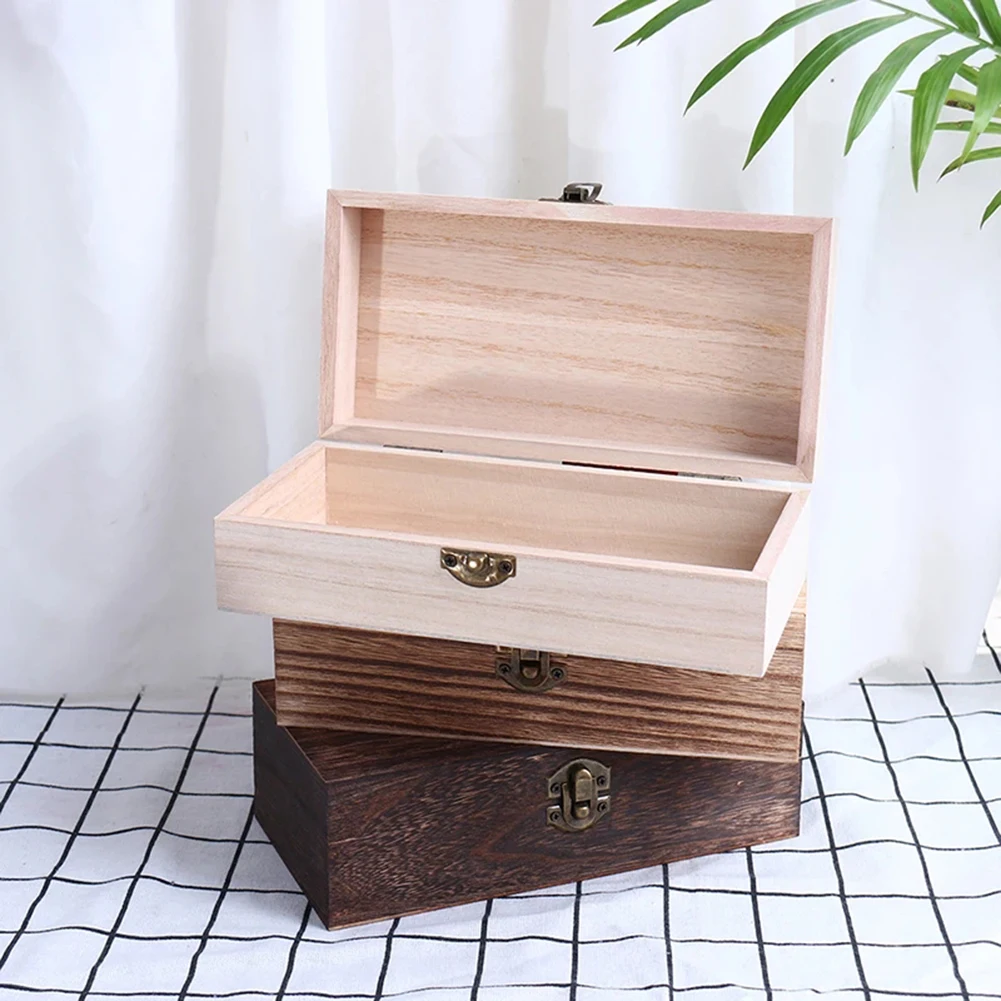 Rectangular Wooden Storage Box Handmade Craft Jewelry Case Desktop Organizer Hinged Clamshell Container Gifts Packaging Box