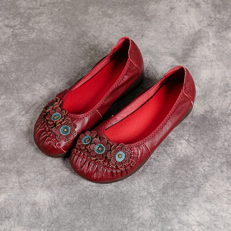 Boho Vintage Echtleder-Ballerinas für Damen, Blumenmuster Slip-On Fahr-Mokassins, Weiche Ethnische Retro-Schuhe, Flache Schuhe für Mütter – Detail 12