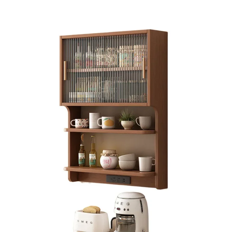 Solid wood suspended dining side cabinet Rubber wood wall-mounted dining room wall rack Nordic style dining side cabinet