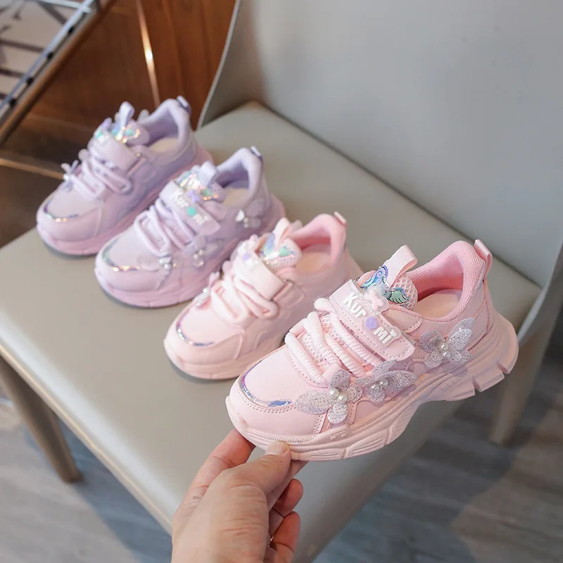 

Children Fall Winter Sneakers New Butterfly Pearl Chunky Dad Shoes Kids Soft Sole Fleec Warm Casual Fashion Shoes Breathabl Warm