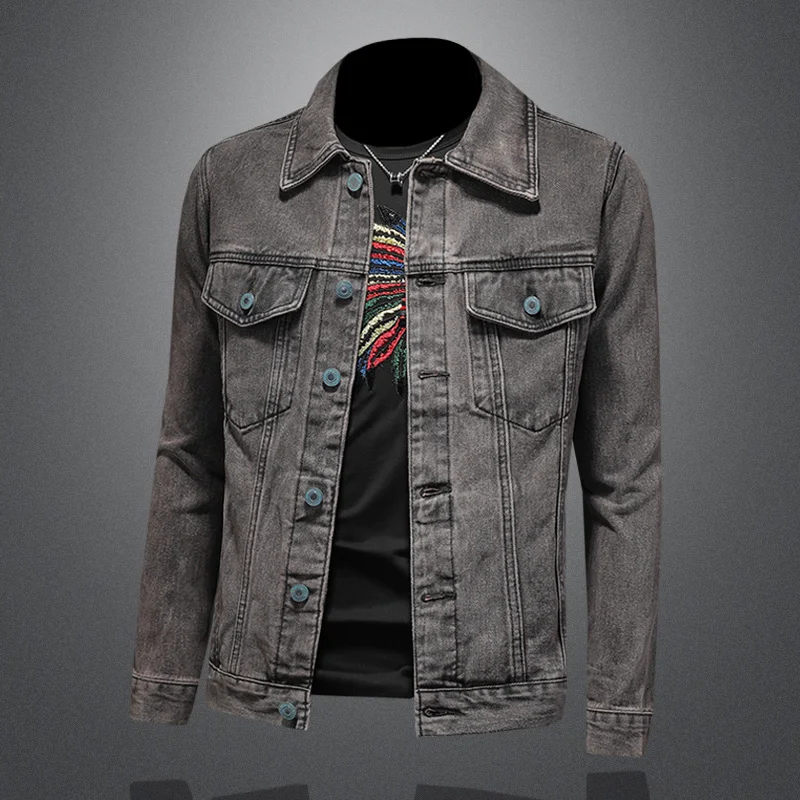New 2025 Purple Casual Men's Denim Jacket Simple Fashionable Style Standard Fit Long Sleeve Cotton Blend Youth Fashion