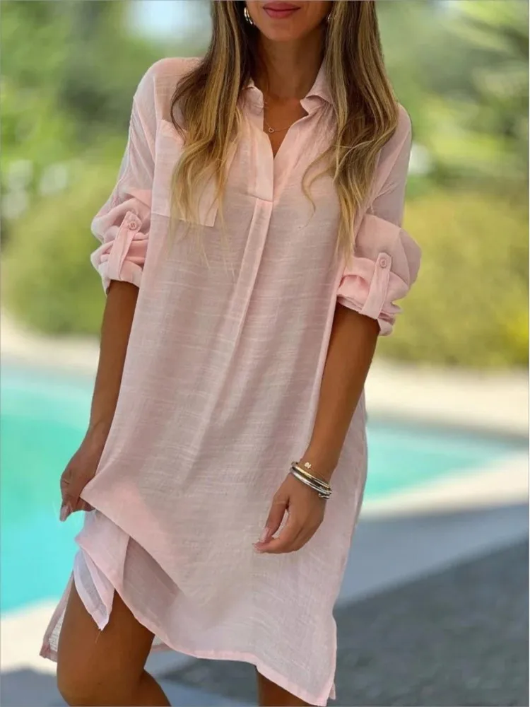 

Women's Casual Loose Cotton Linen 3/4 Sleeved Shirt Dress 2025 Spring Summer New Beach Vacation Ladies Solid V-neck Midi Dresses