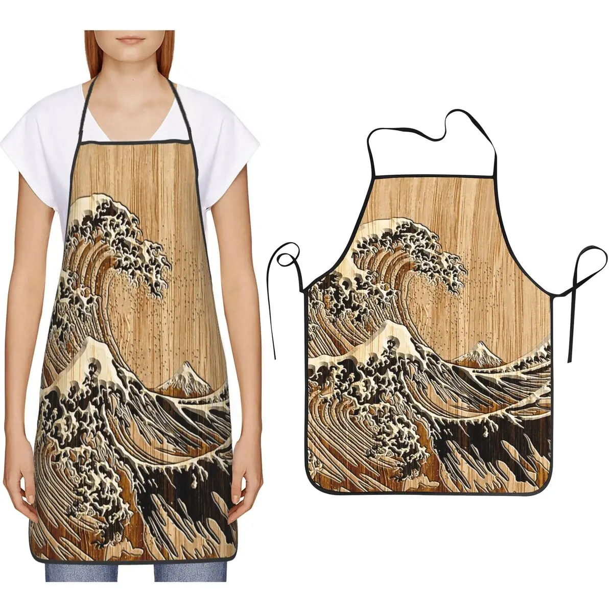 Die große Hokusai-Welle im Bambus-Intarsien-Stil Schürzen für Köche, zum Kochen und Backen, Tablier-Lätzchen, Küchenreinigungsschürze für Damen und Herren