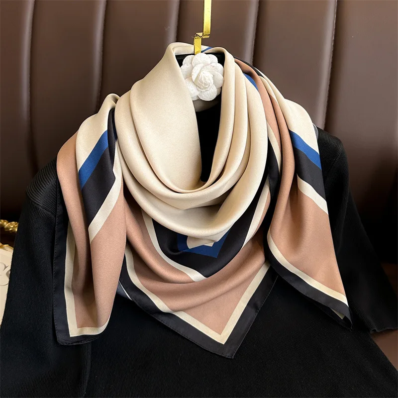

1pcs 90cm Solid Color Geometric Patchwork Printed Square Scarf for Women Imitation Silk Simple Versatile Kerchief Scarf Shawl