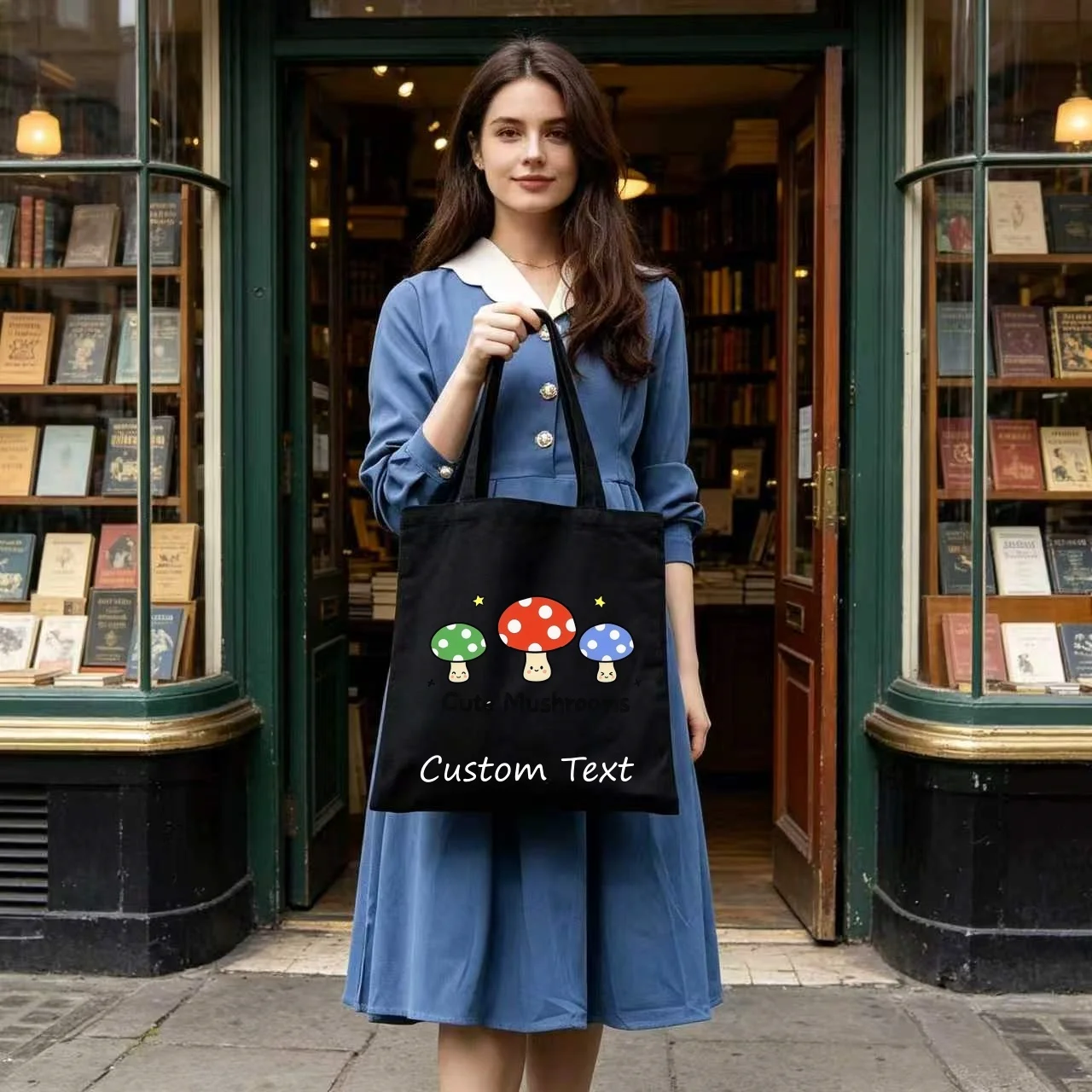 1PC Custom Text Cute Colorful Mushroom Print Tote Bag Personalized Canvas Reusable Shopping Shoulder Bag