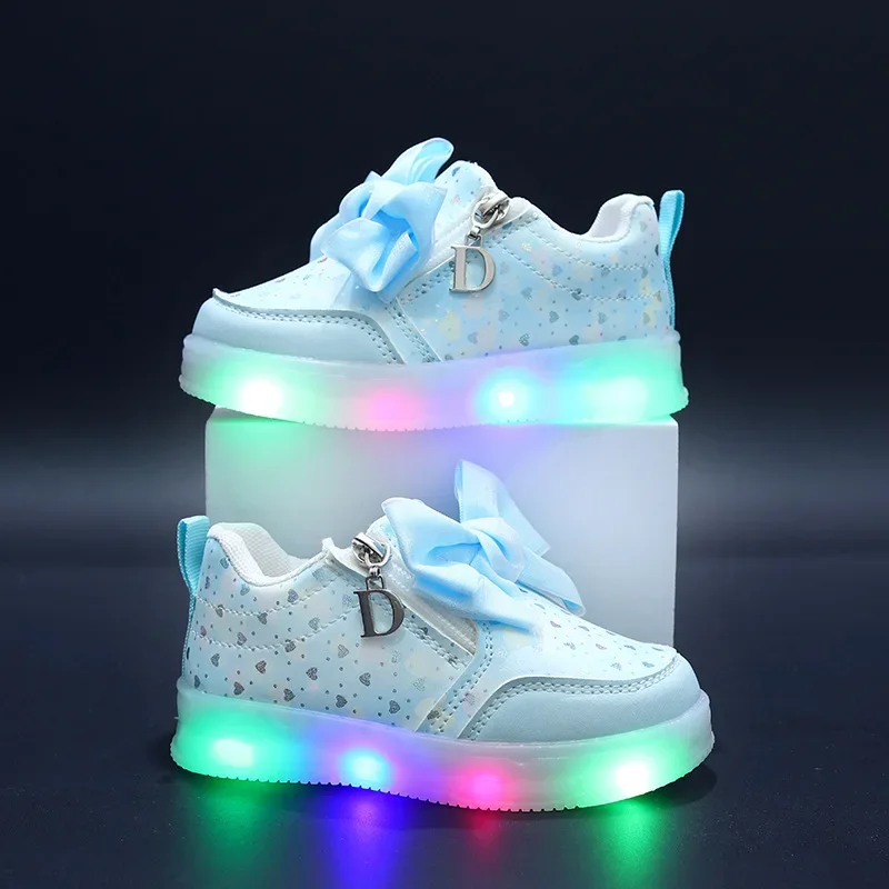 LED Girls Shoes Girls Cute Bow Kids Sneakers Fashion Luminous Sole Children Casual Shoes Zipper Student Walking Shoes Кроссовки