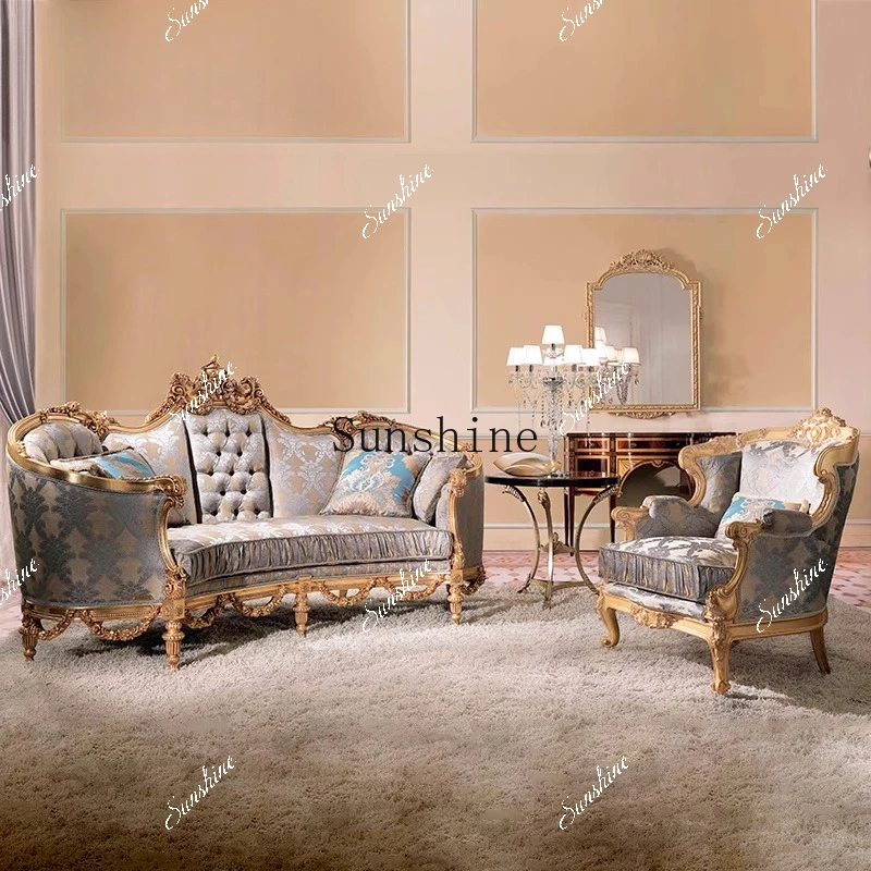 European living room large apartment sofa pure solid wood carving flower fabric sofa coffee table combination