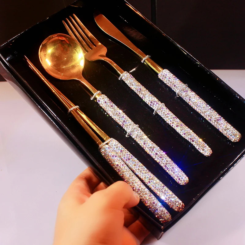 4 Piece Gold Western Dinnerware Set Rhinestones Stainless Steel Cutlery Chopsticks Fork Knife Spoon Tableware Portable Flatware