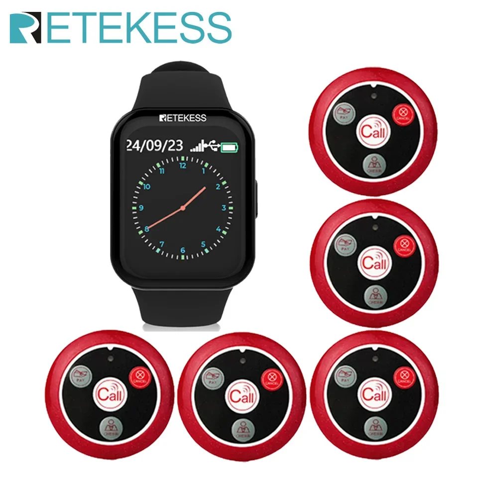 Retekess Restaurant Pager Waiter Calling System 1 pcs TD113 Watch Receiver 5 pcs T117 Call Buttons