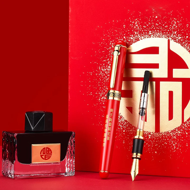 

Duke D2 Red Ancient Chinese "Fu" Pattern M/Bent Nib Fountain Pen Calligraphy Pen Gold Trim Office School Writing Gift Accessory