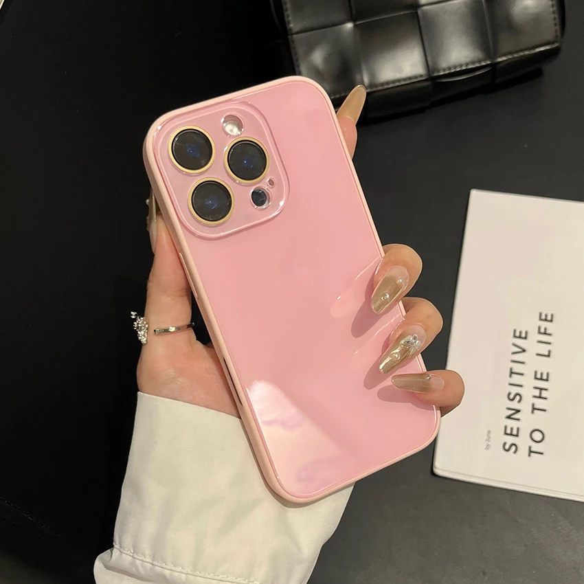 حافظة هاتف زجاجية خلفية لهاتف آيفون 17 16 15 14 13 برو 12 11 ماكس بلون 16Pro 17Pro 15Pro حافظة هاتف صلبة 14Pro 13Promax